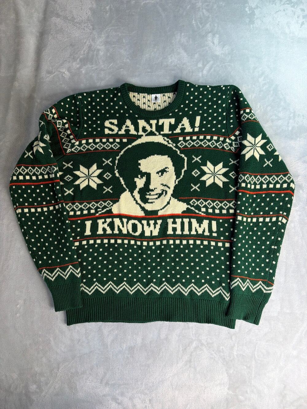 Elf Movie Ugly Christmas Sweater Mens Large Green Santa I Know Him Buddy Knit